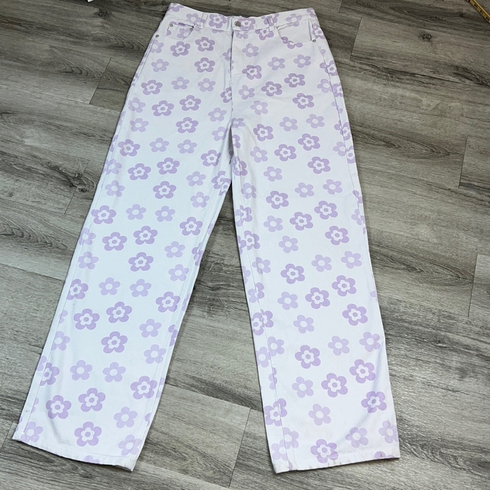 SHEKOU Happy Day High Rise Purple Wide Leg Denim Floral Festival Y2K Jeans